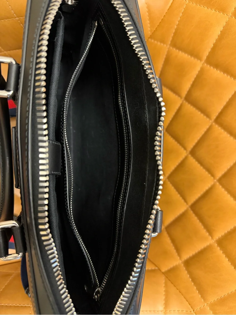 Gucci Black GG Supreme Laptop Bag with Navy & Red Web Strap